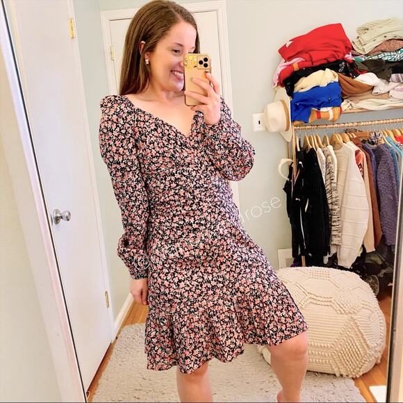 NWT byTiMo Black Pink Viscose Floral Puff Long Sleeve Mini Dress Ditsy Large L - Picture 1 of 14